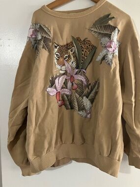 Vintage Tan Sweatshirt with Leopard & Floral Appliqué size medium large